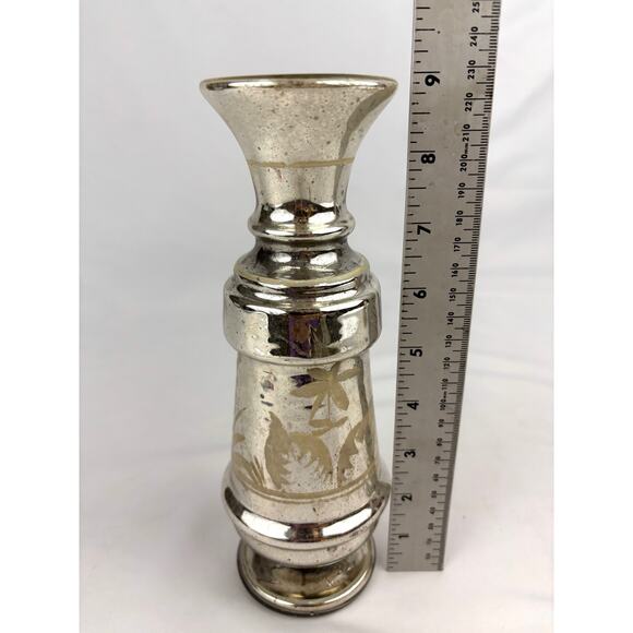 Victorian Antique Silver Mercury Glass Vase Floral Pattern Hand Blown 9” - Picture 2 of 11